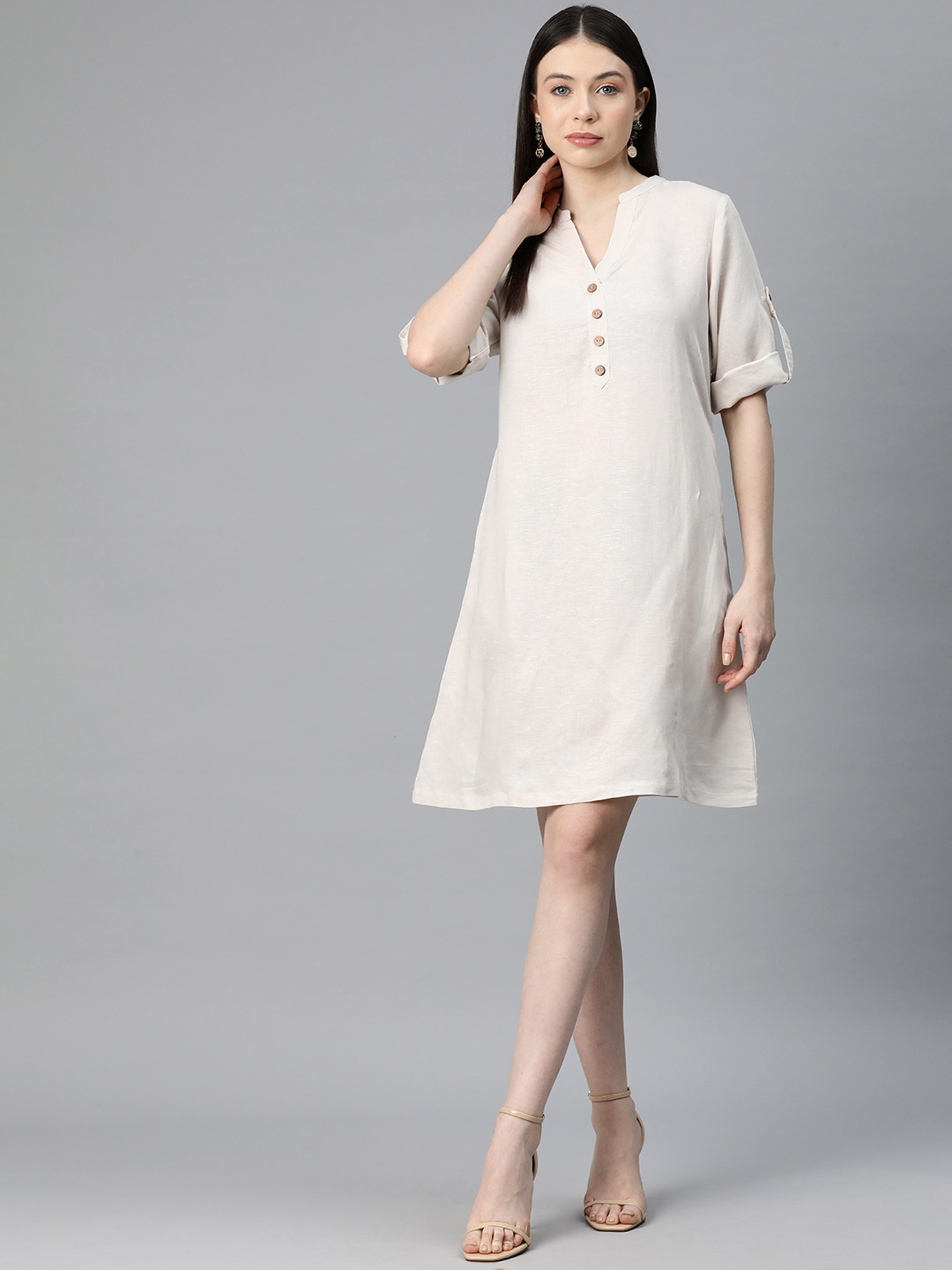 VARUSHKA Solid Linen A-Line Dress