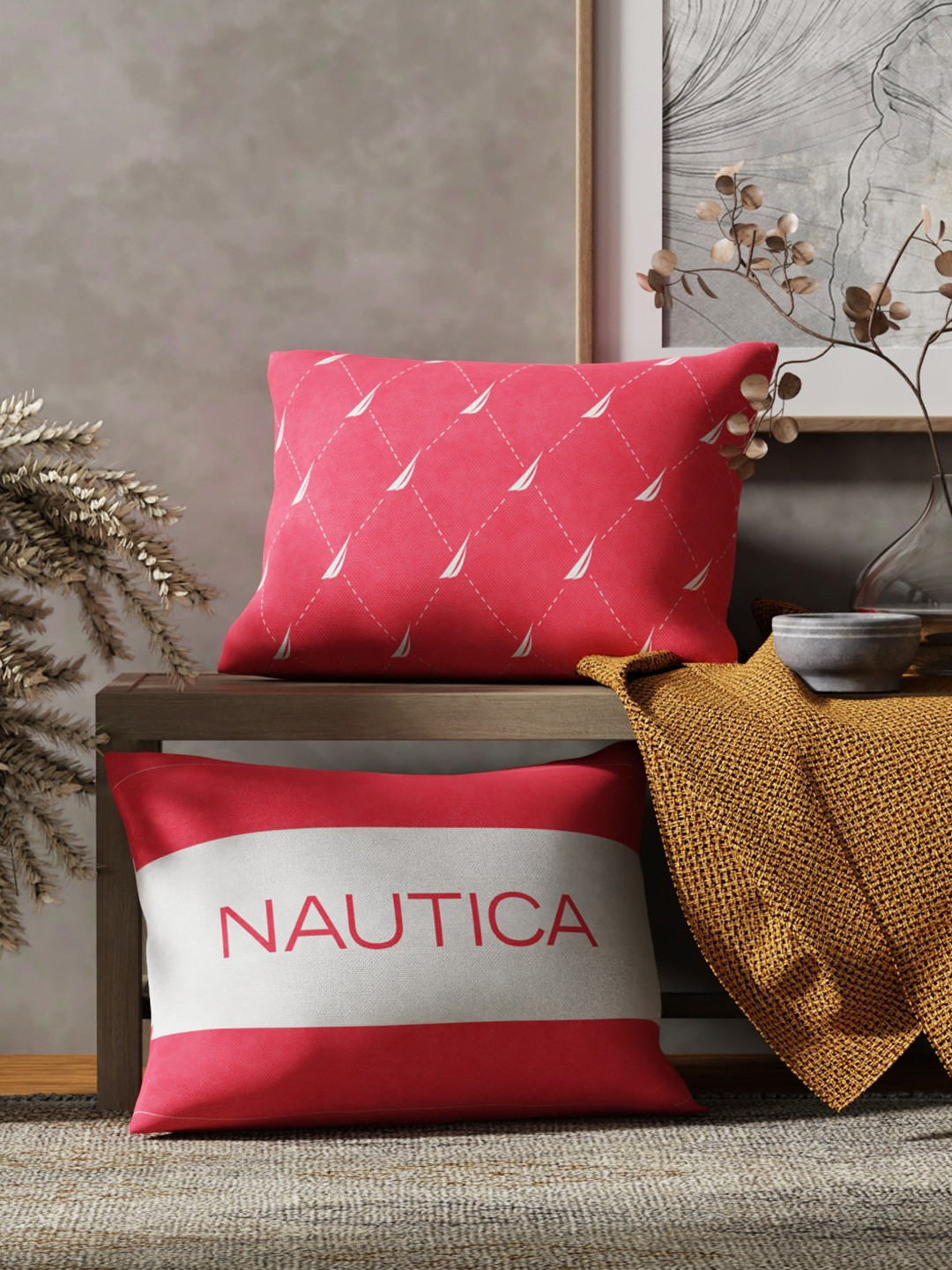 Nautica Coral & White 2 Pieces Striped Pure Cotton Rectangle Cushion Covers