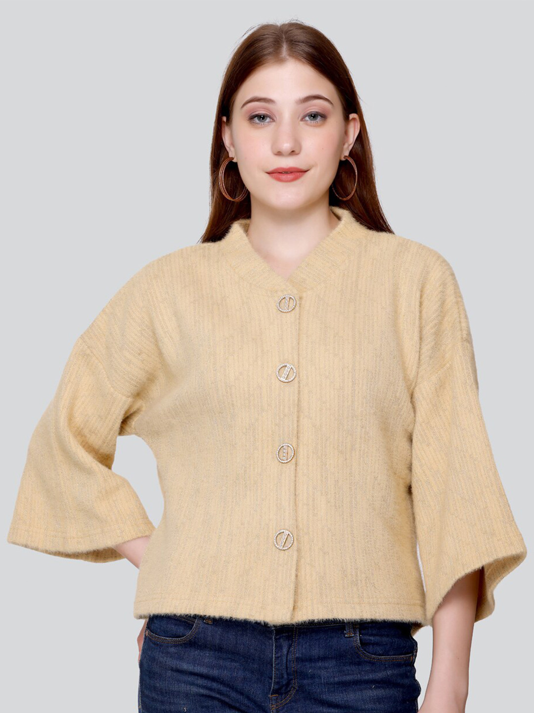 Elthia Mandarin Collar Woolen Shirt Style Top