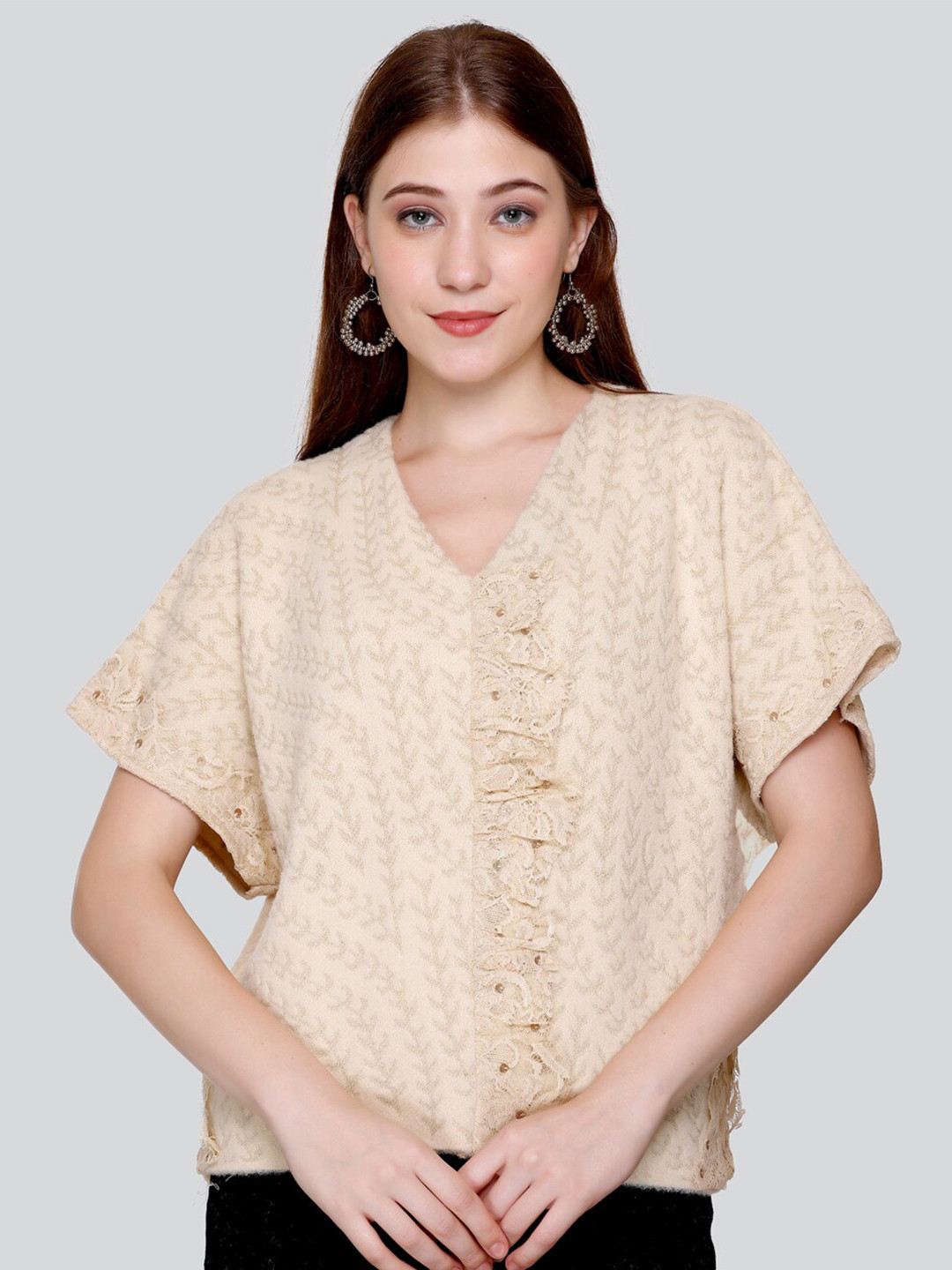 Elthia Self Design Kimono Sleeves Woolen Top