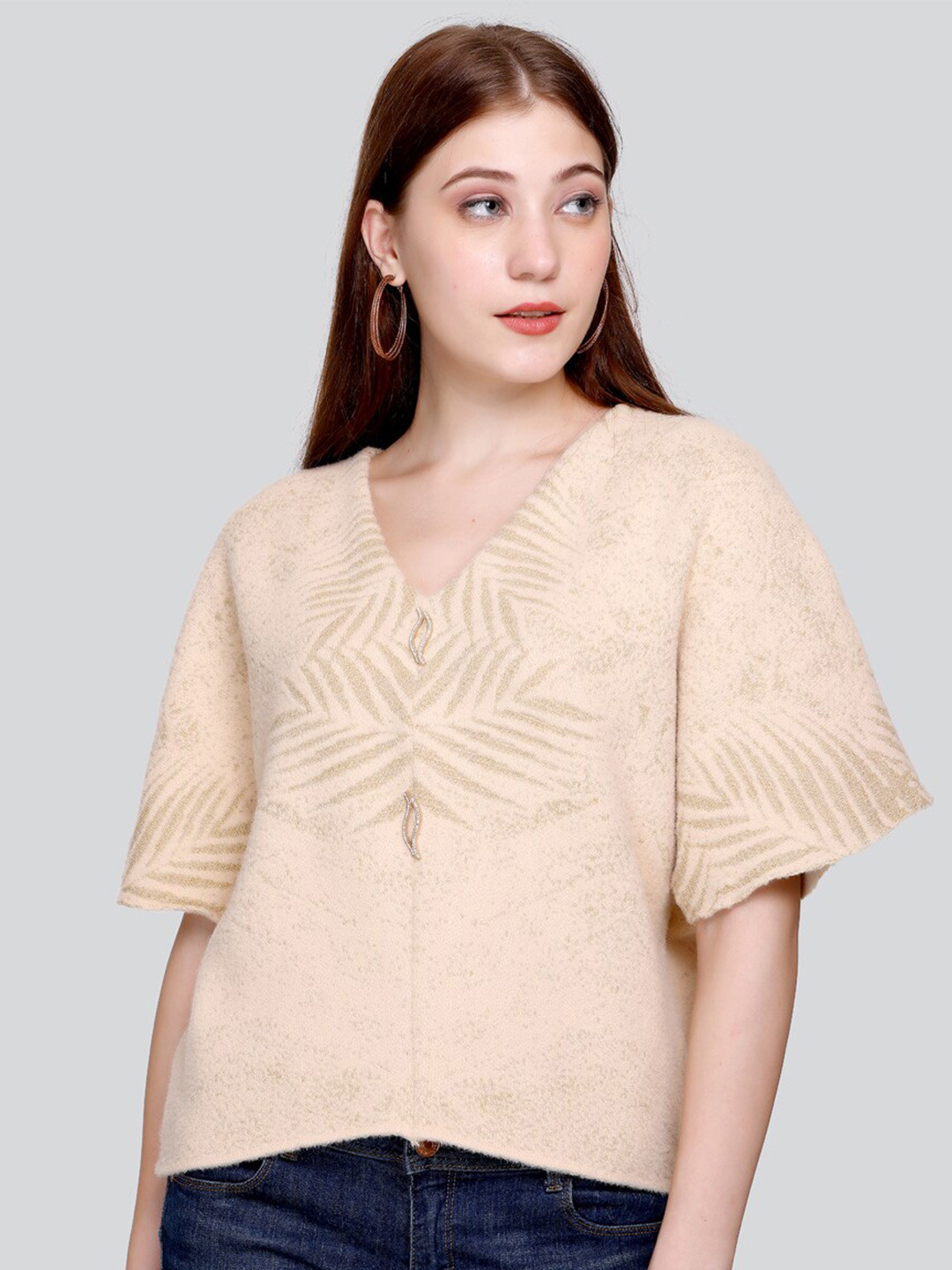 Elthia Self Design V-Neck Extended Sleeves Woollen Velvet Kaftan Crop Top