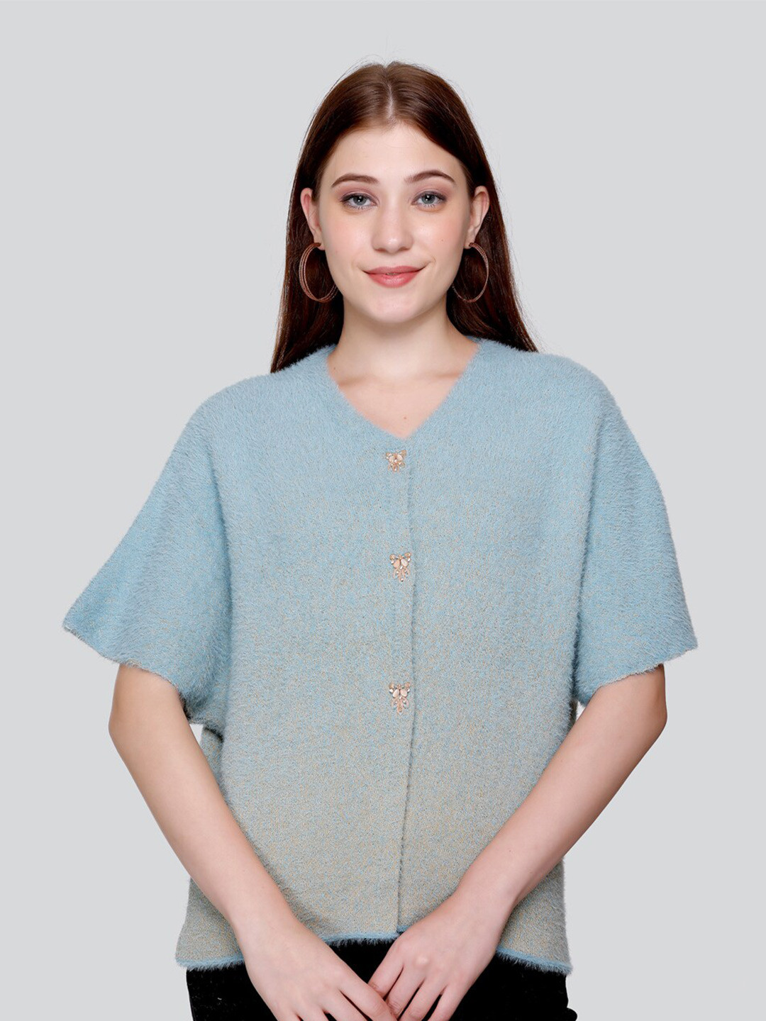 Elthia Self Design V-Neck Extended Shoulder Sleeves Woollen Kaftan Top