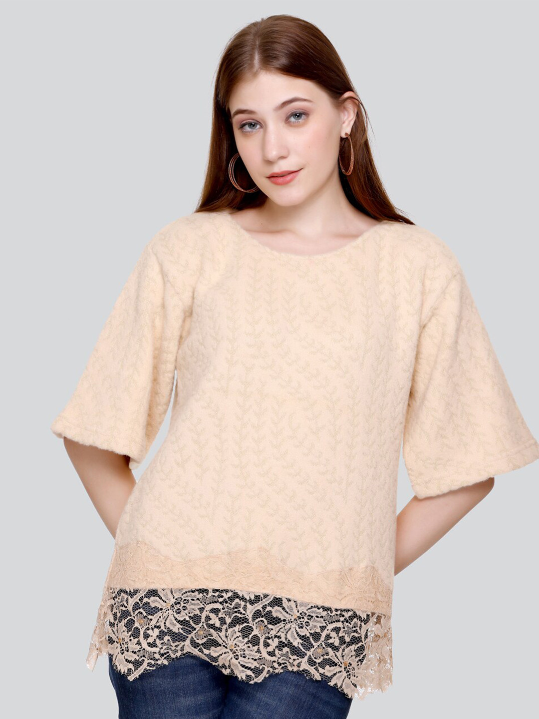 Elthia Self Design Lace Inserts Woollen Velvet Top