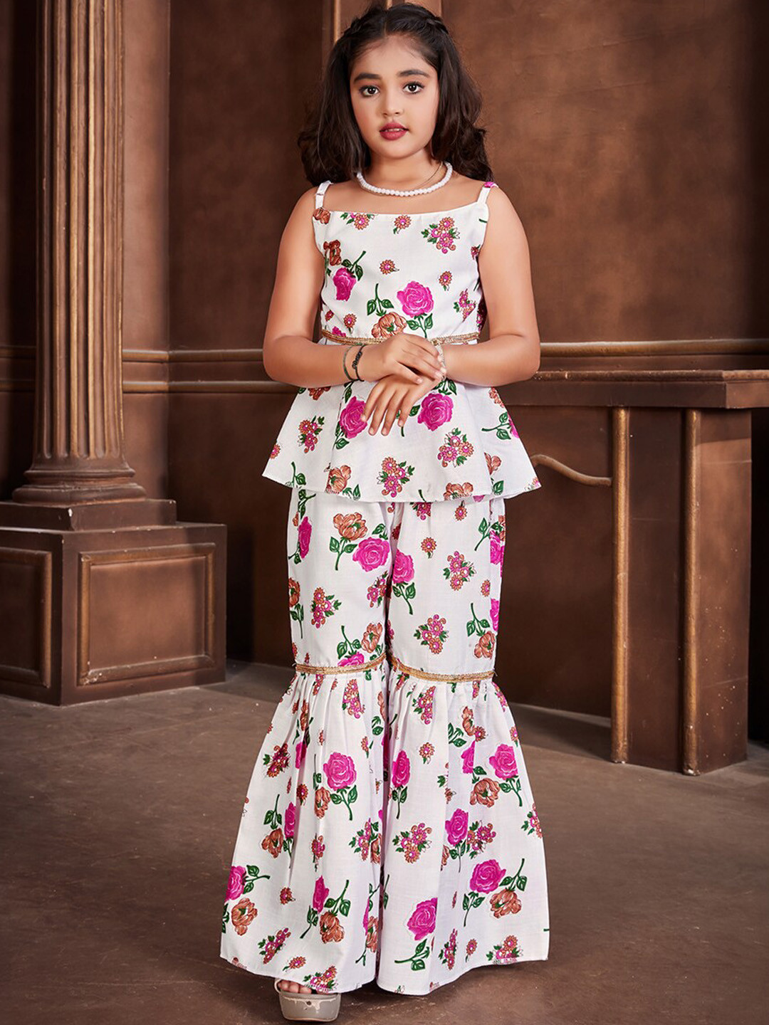 LOOKS AND LIKES Girls Floral Printed Cotton Top & Sharara