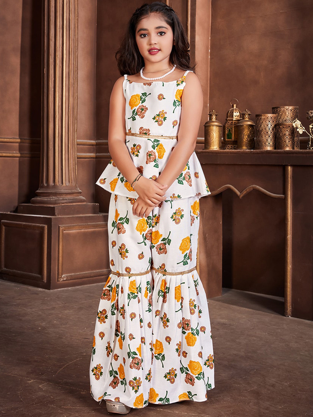 LOOKS AND LIKES Girls Floral Printed Gotta Patti Pure Cotton A-Line Kurti With Sharara