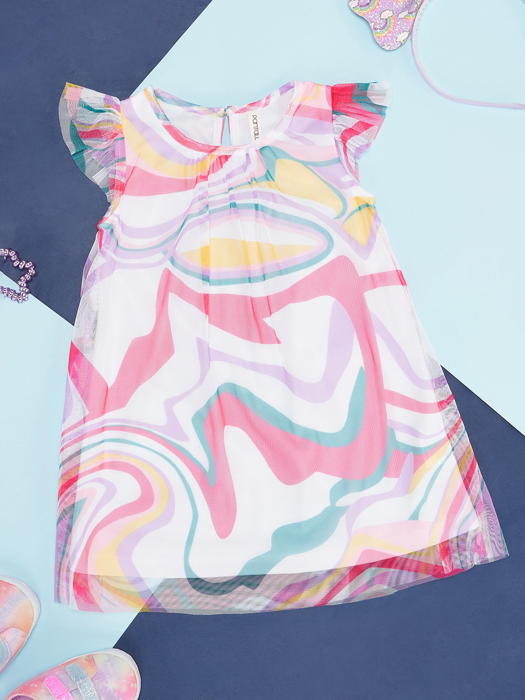 Pantaloons Baby Girls Abstract Printed Flutter Sleeve Cotton A-Line Dress