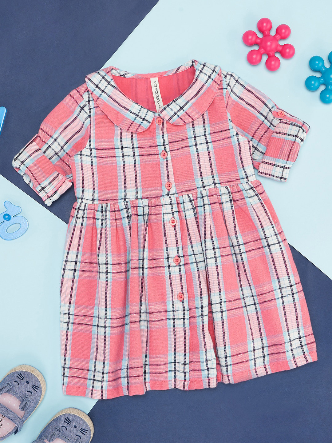 Pantaloons Baby Girls Checked Peter Pan Collar Roll Up Sleeves Cotton Fit & Flare Dress