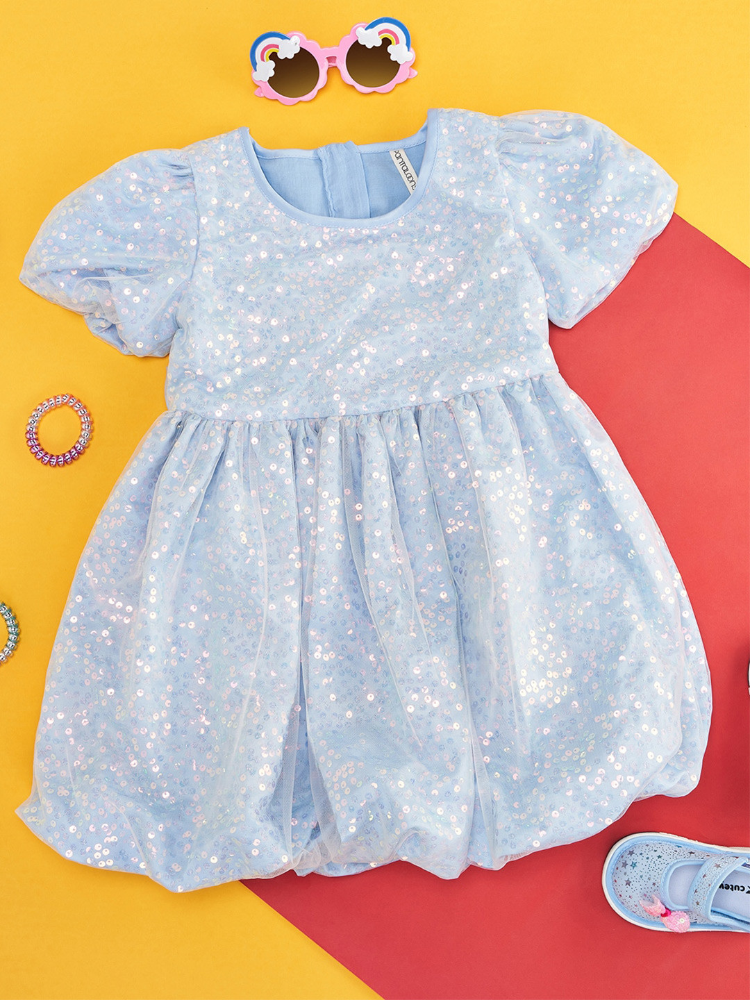 Pantaloons Junior Girls Embellished Sequined Puff Sleeve Bling & Sparkly Balloon Dress