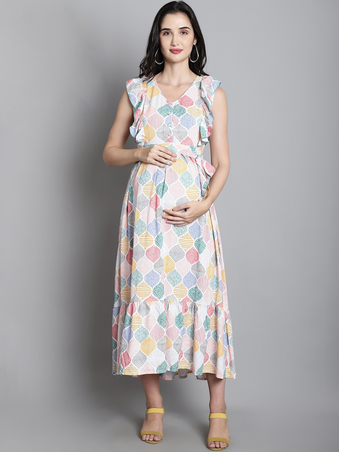 Moms Maternity Abstract Printed Tie-Up Fit & Flare Maternity Maxi Dress