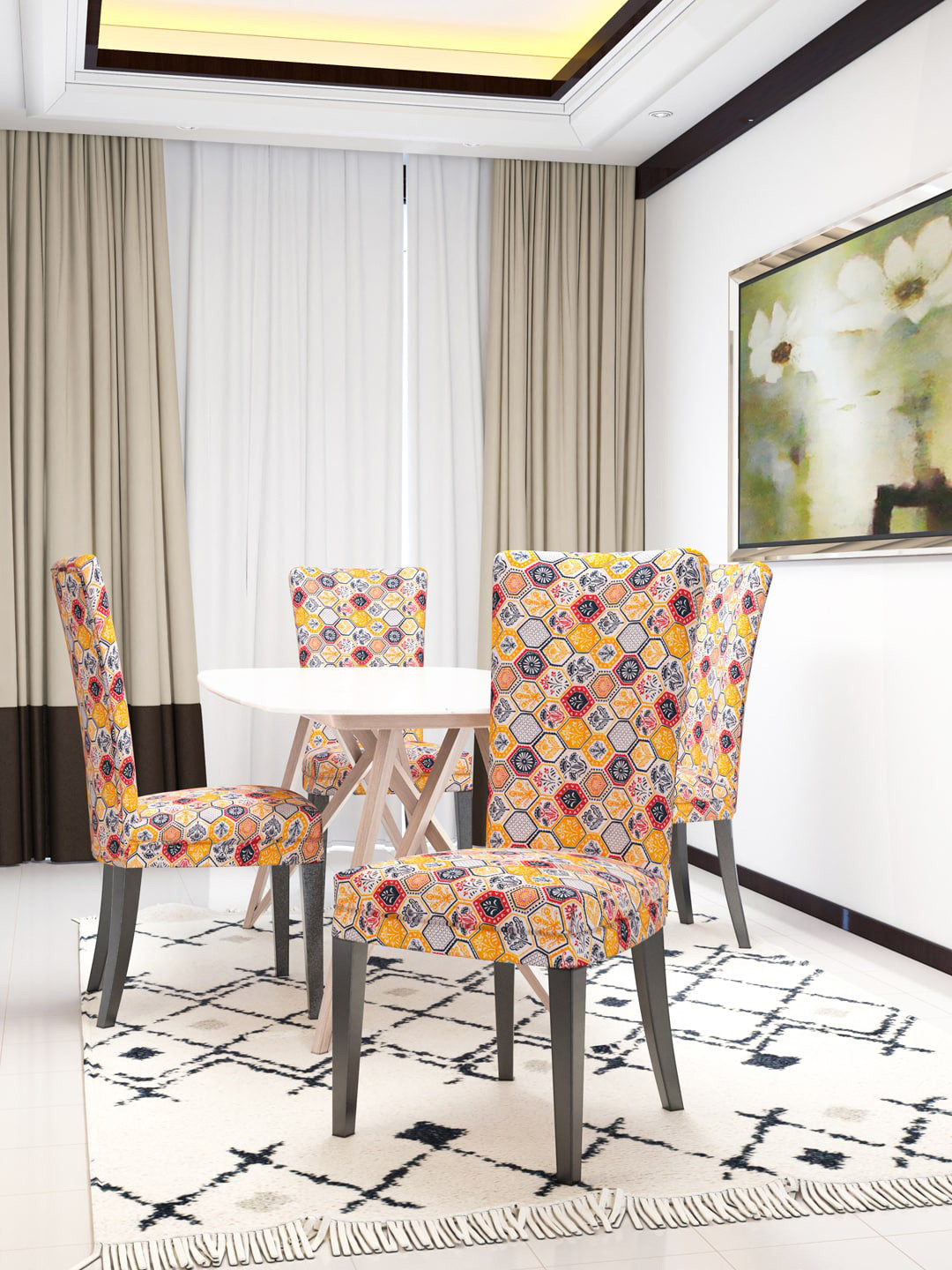 Nendle White & Orange 4 Pieces Printed Stretchable Chair Covers