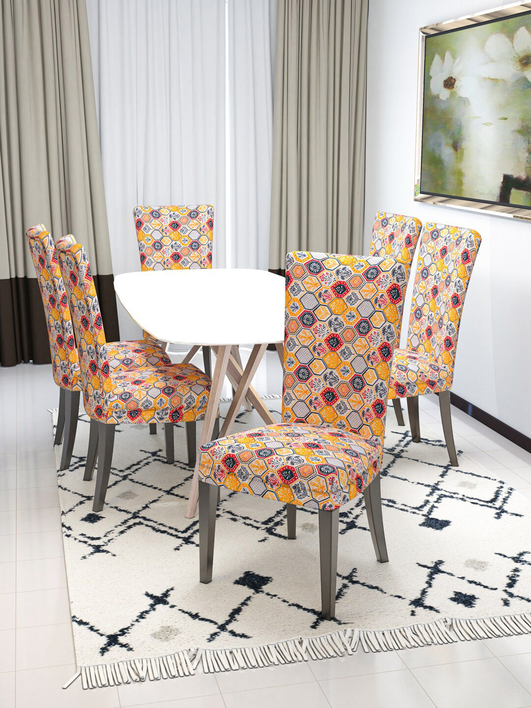 Nendle White & Orange 6 Pieces Printed Stretchable Chair Covers