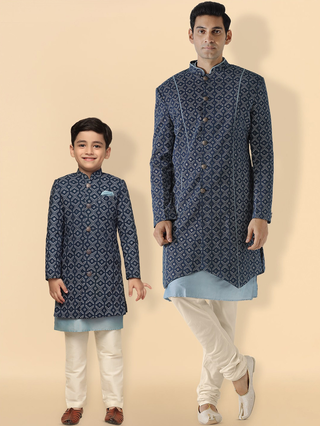 KISAH Men Boys Printed Cotton Kurta Indowestern Sherwani Set