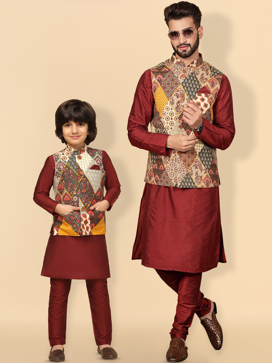KISAH Boys Mandarin Collar Straight Kurta & Trousers With Printed Nehru Jacket