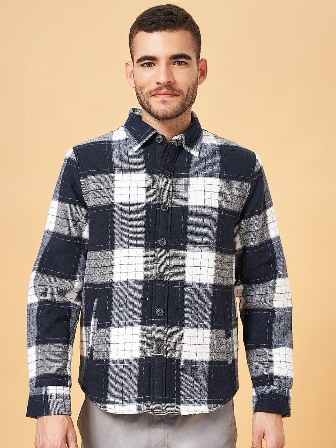 Urban Ranger by pantaloons Windowpane Checked Spread Collar Casual Shacket