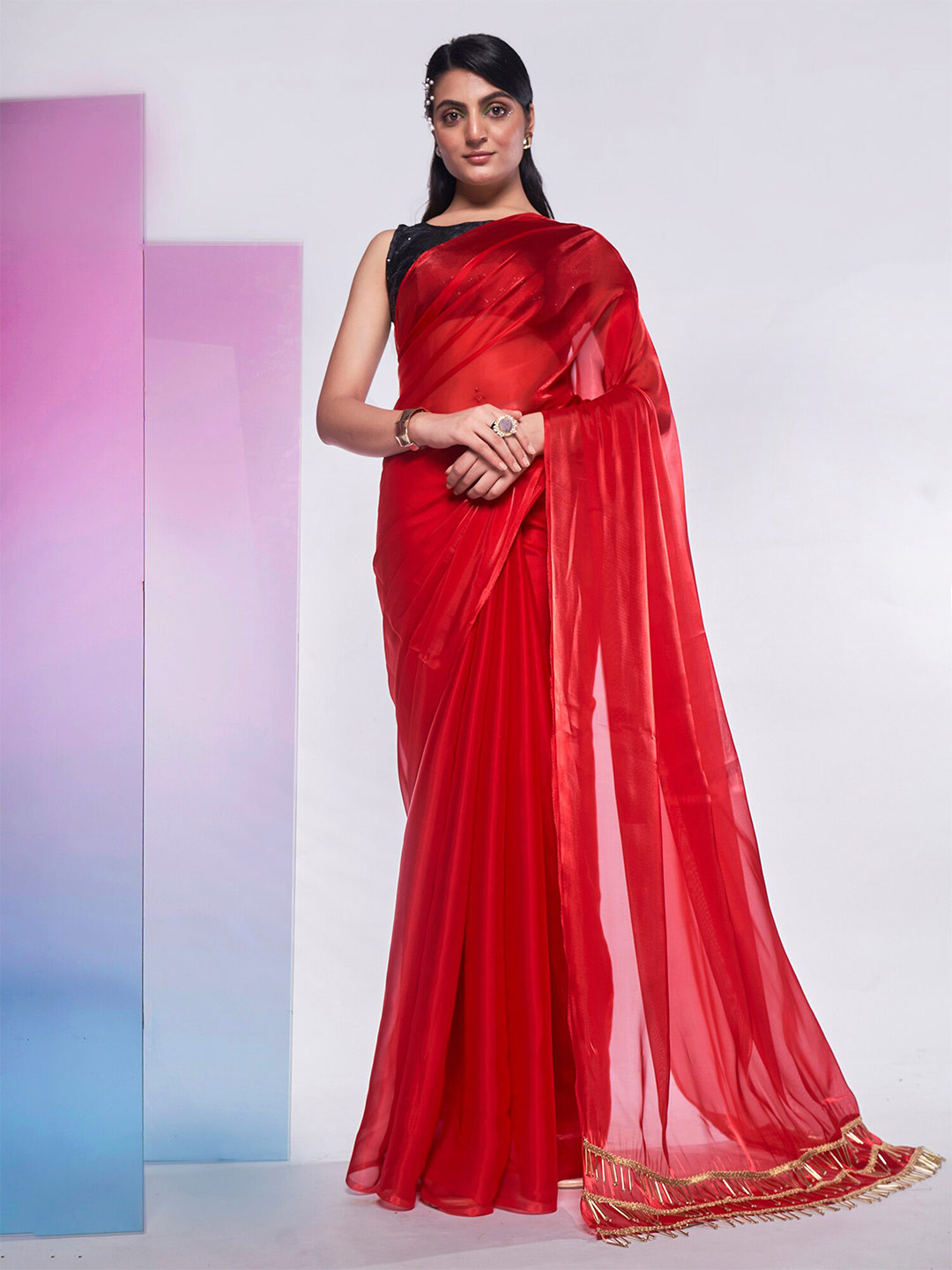 Mitera Red Organza Solid Saree