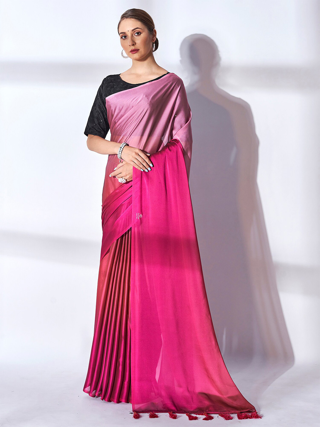 Mitera Pink & Peach-Coloured Tasseled Ombre Pure Georgette Saree