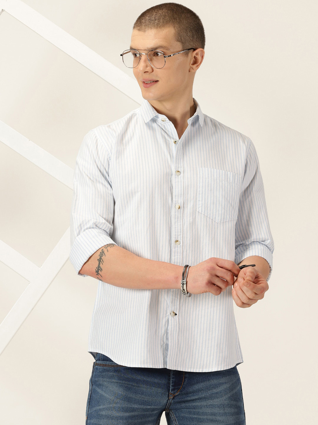 Mast & Harbour Blue Classic Slim Fit Striped Oxford Weave Cotton Casual Shirt