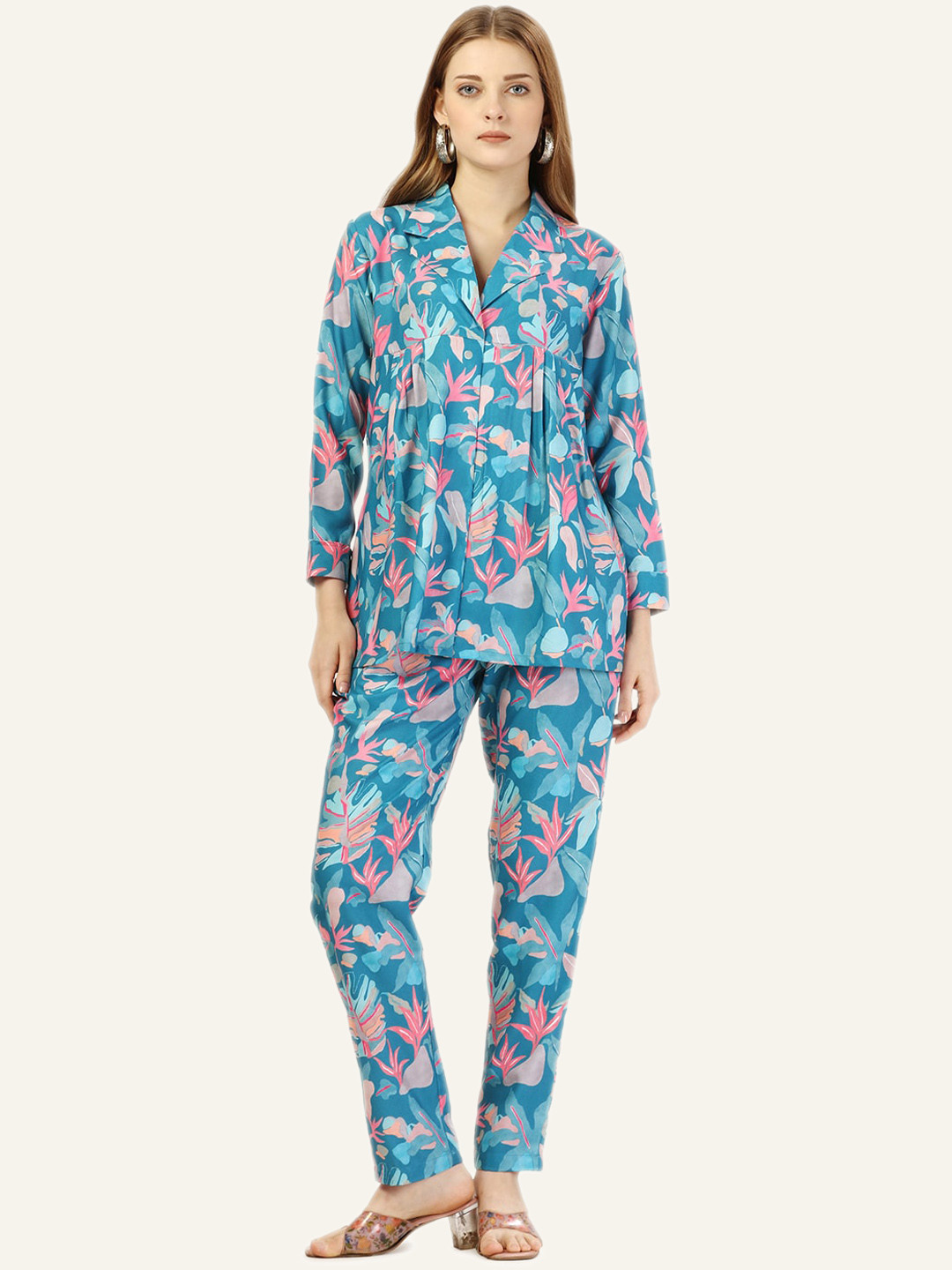 OCTICS Floral Printed Cuban Collar Pleated Tunic With Trousers