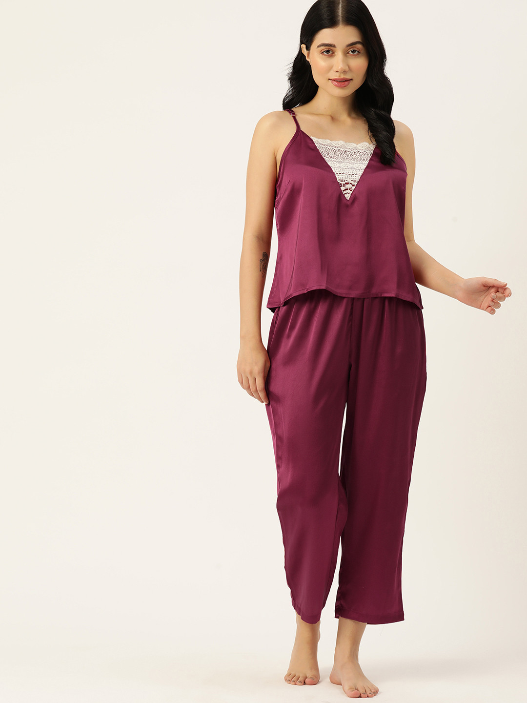 ETC Solid Satin Night Suit With Lace Detail