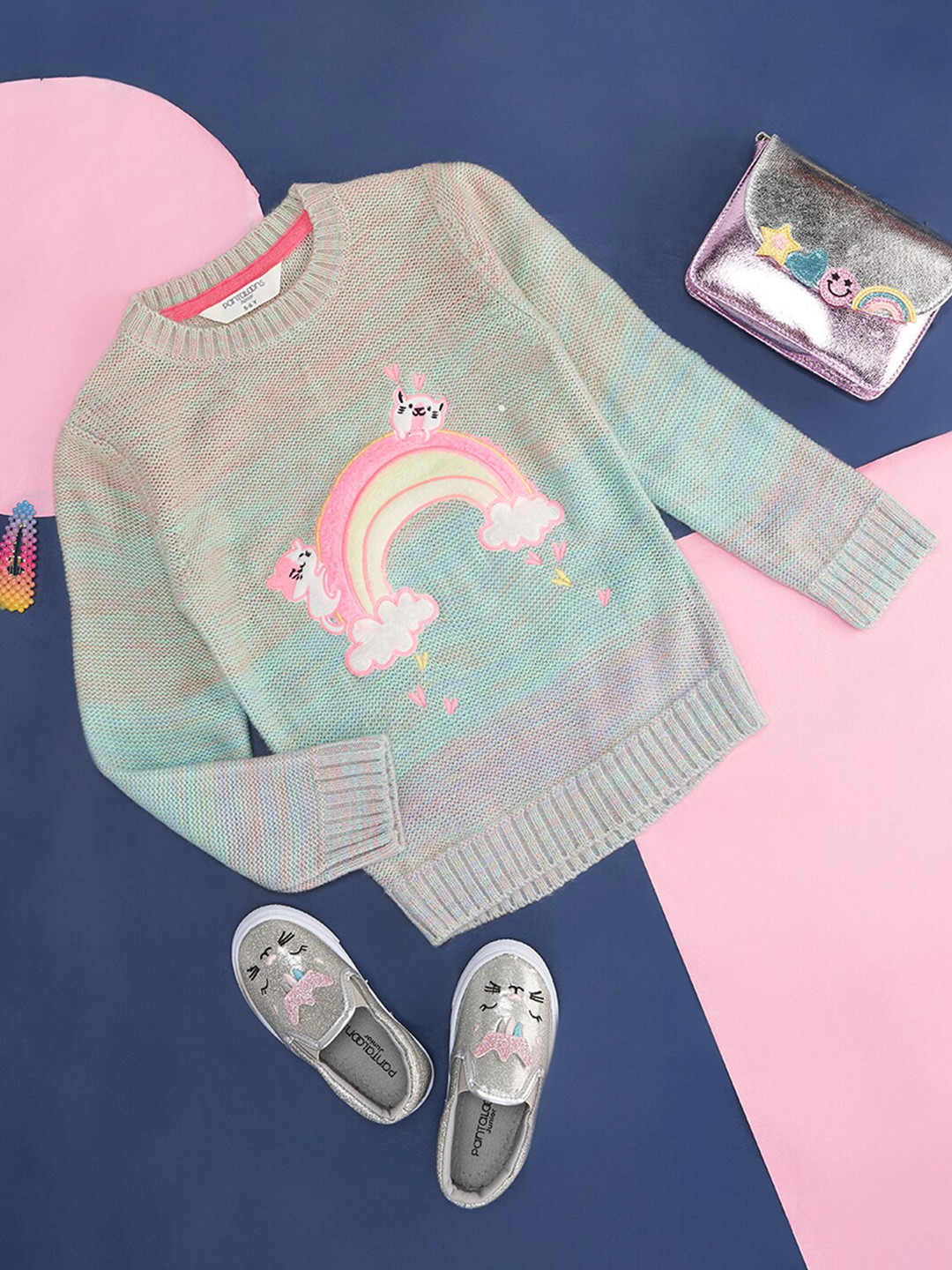 Pantaloons Junior Girls Graphic Self Design Ribbed Acrylic Pullover