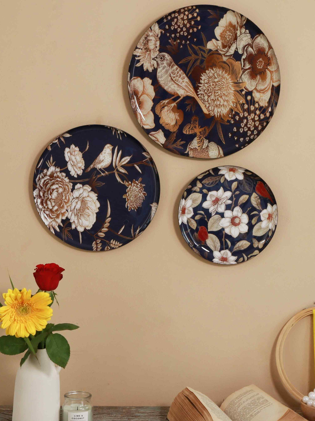 Ritualistic Oriental Blooms Metal Floral Glossy Hanging Hall 3Pcs Wall Plates-12In