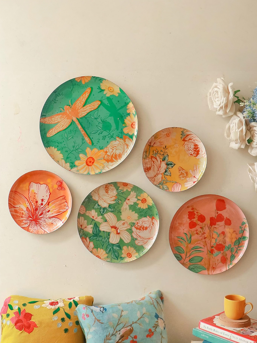 Ritualistic Pastel Blooms Metal Floral Glossy Hanging Hall 5Pcs Wall Plates-12In