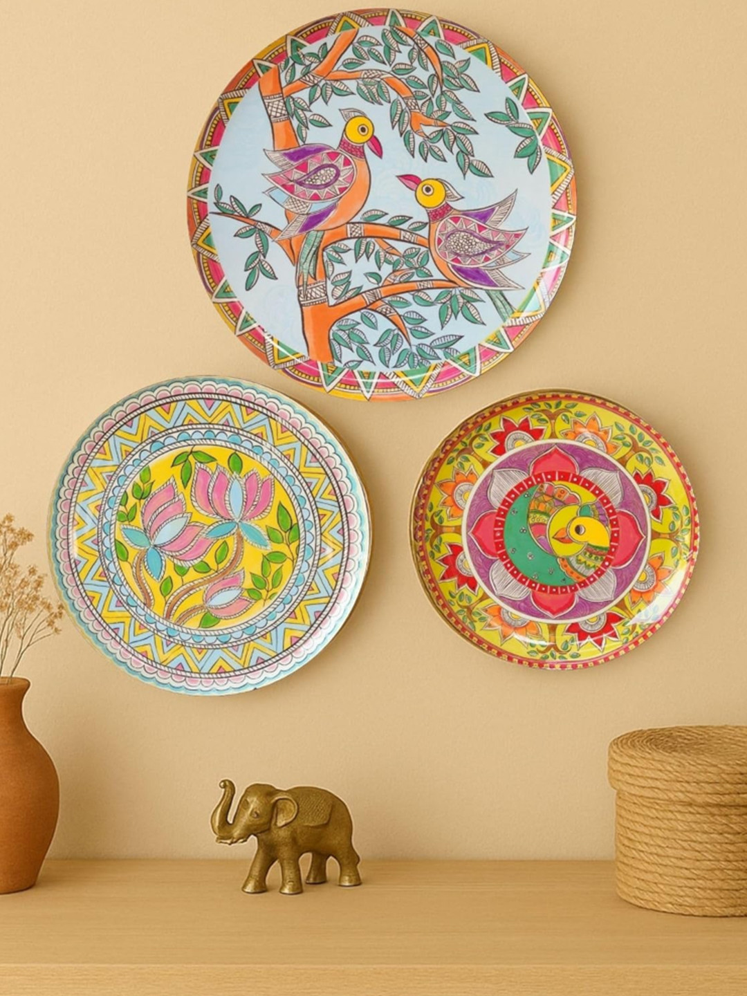 Ritualistic Durable Metal Floral Glossy Hanging Hall 3Pcs Wall Plates-10In