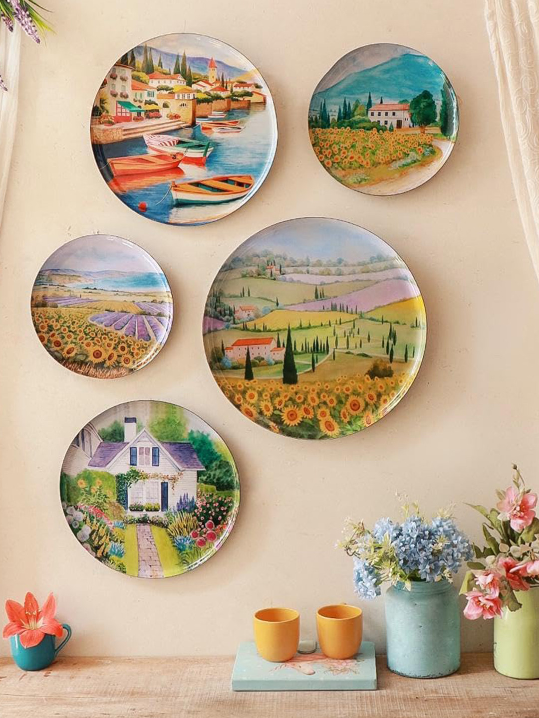 Ritualistic Tuscany Metal Crafted Ceramics Glossy Hanging Hall 5Pcs Wall Plates-12In