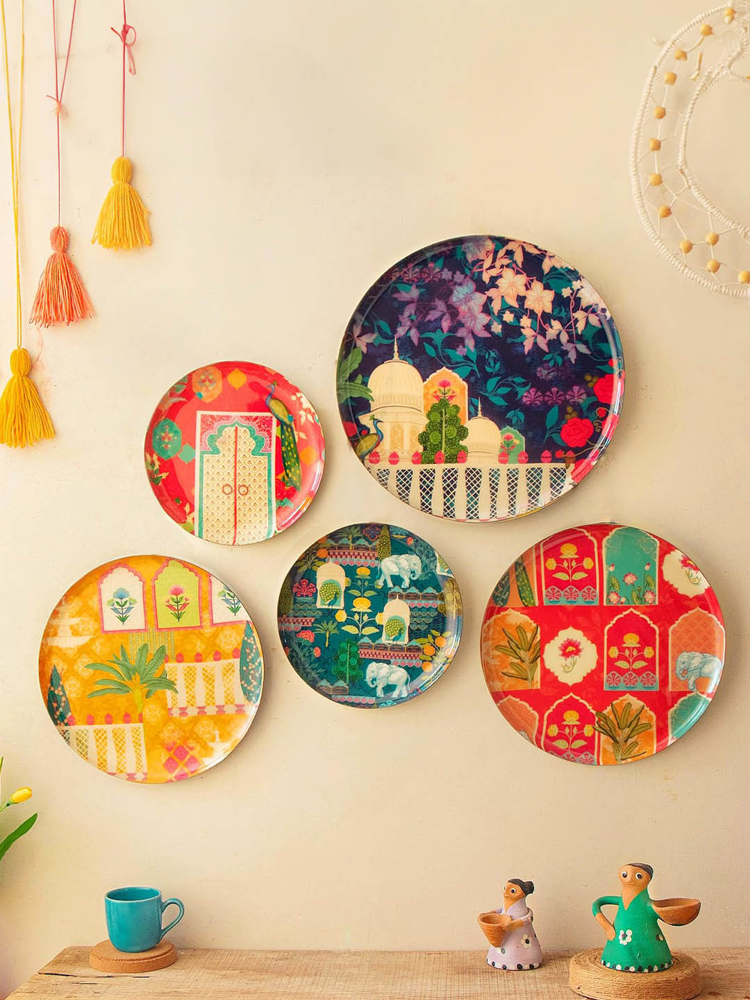 Ritualistic Vintage India Metal Floral Glossy Hanging Hall 5Pcs Wall Plates-12In