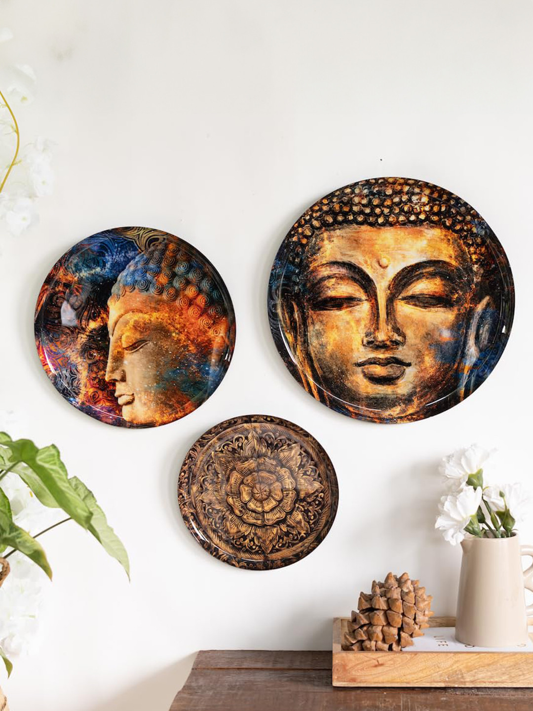 Ritualistic Nirvana Metal Ethnic Motifs Glossy Hanging Hall 3Pcs Wall Plates-12In