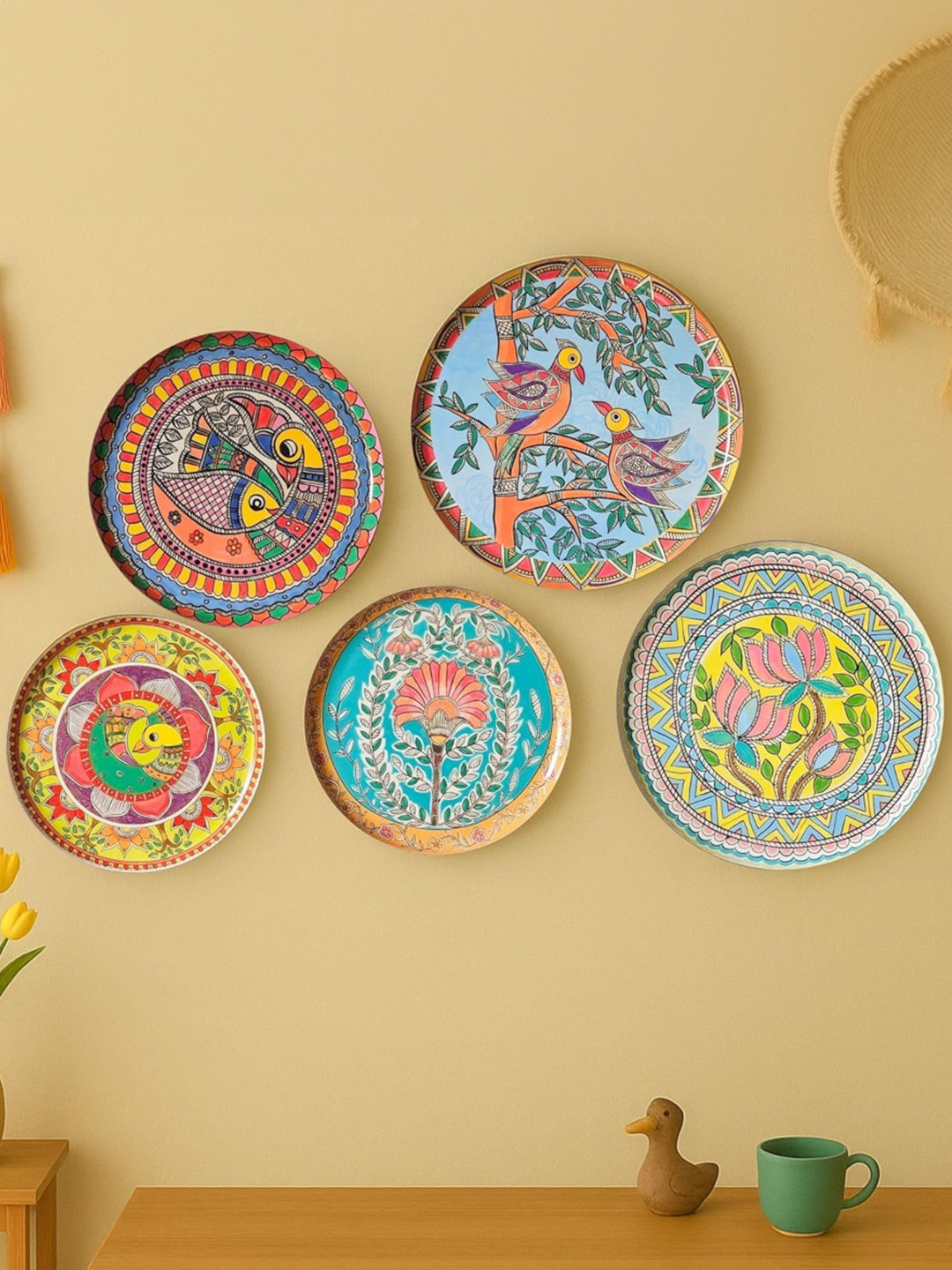 Ritualistic Madhubani Metal Floral Glossy Hanging Hall 5Pcs Wall Plates-12In
