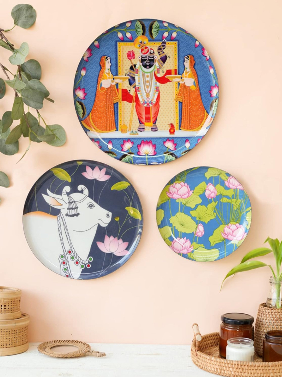 Ritualistic Pichwai Art Metal Ethnic Motifs Glossy Hanging Hall 3Pcs Wall Plates-12In