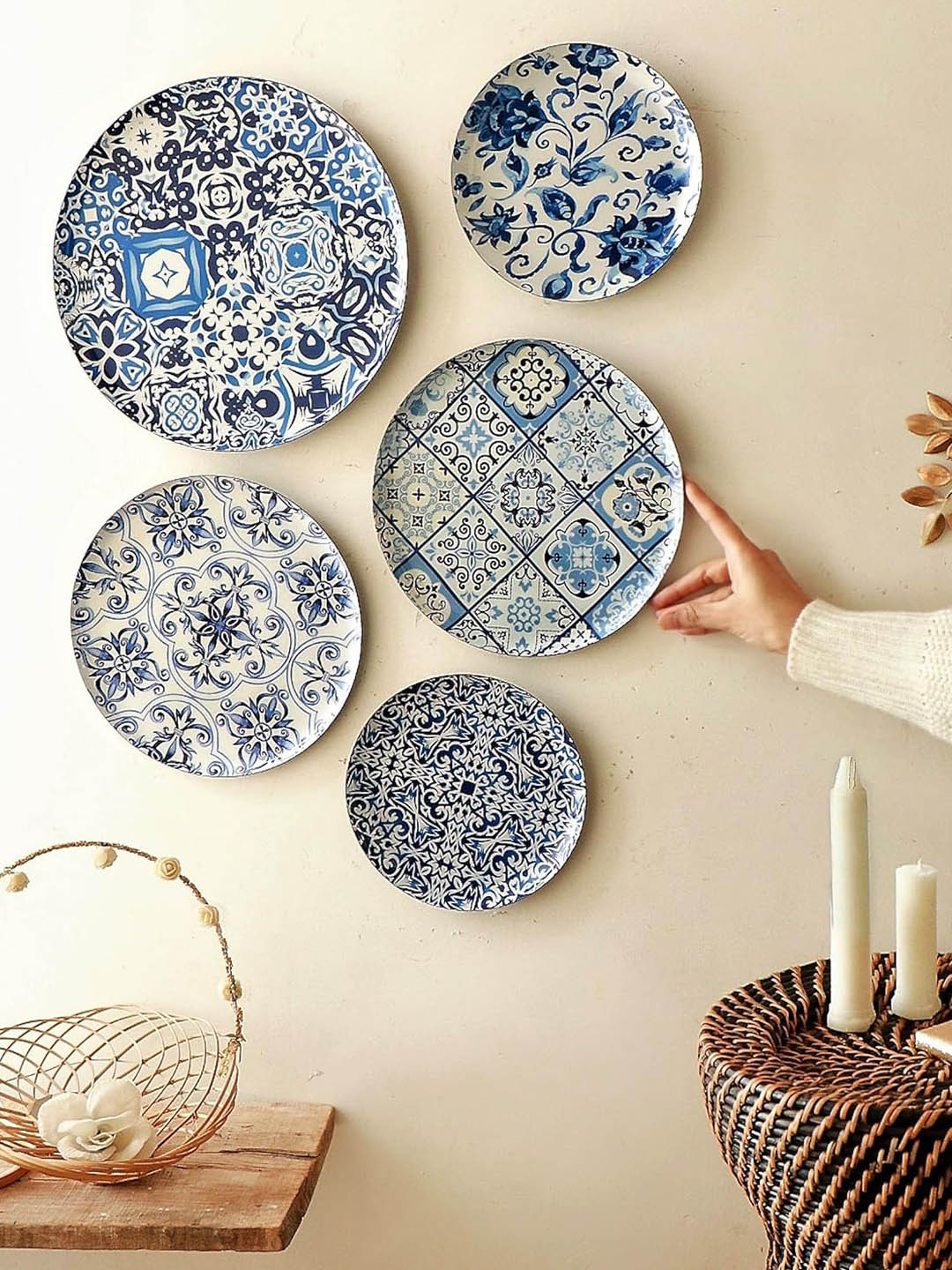 Ritualistic Portuguese Metal Ethnic Motifs Glossy Hanging Hall 5Pcs Wall Plates-12In