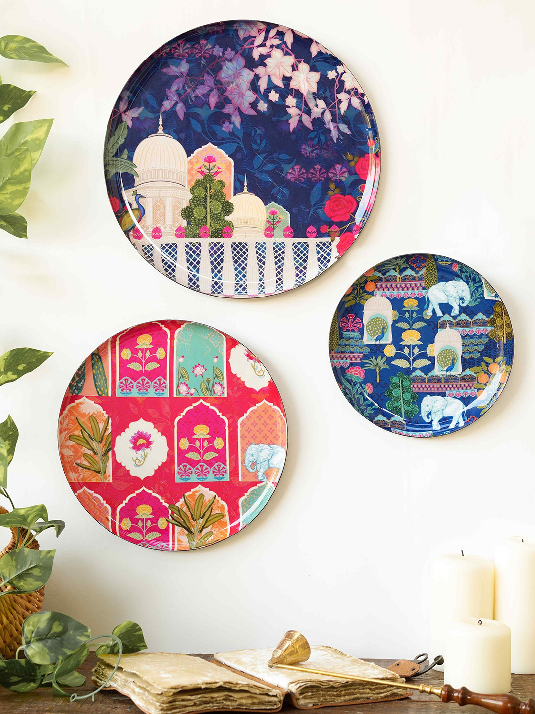 Ritualistic Vintage India Metal Floral Glossy Hanging Hall 3Pcs Wall Plates-12In