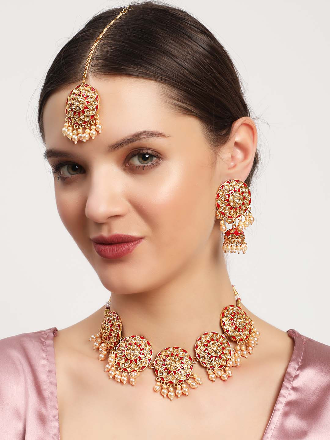 Anouk Gold-Plated Kundan-Studded & Beaded Jewellery Set With Maang Tikka