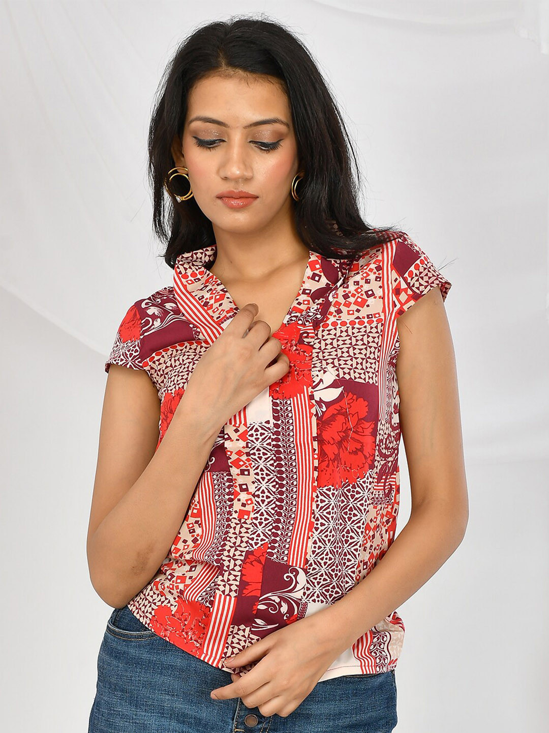 Silvermerc Designs Floral Printed Spread Collar Cotton Linen Shirt Style Top