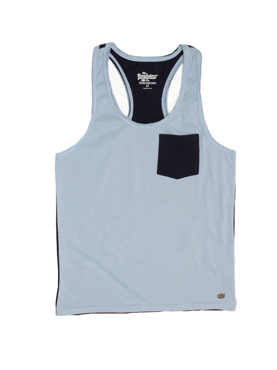 Roadster Time Travlr Men Blue Sleveless  Cotton T-shirt with Raw Edges