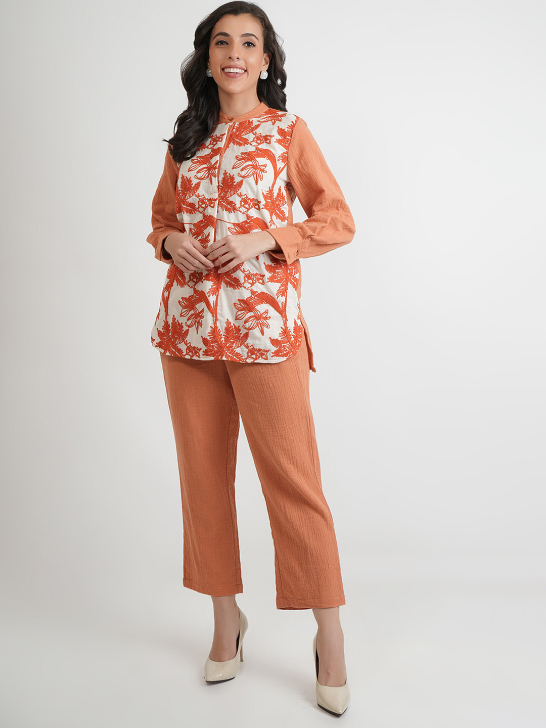 Zolo Label Embroidered Pure Cotton Shirt With Trousers