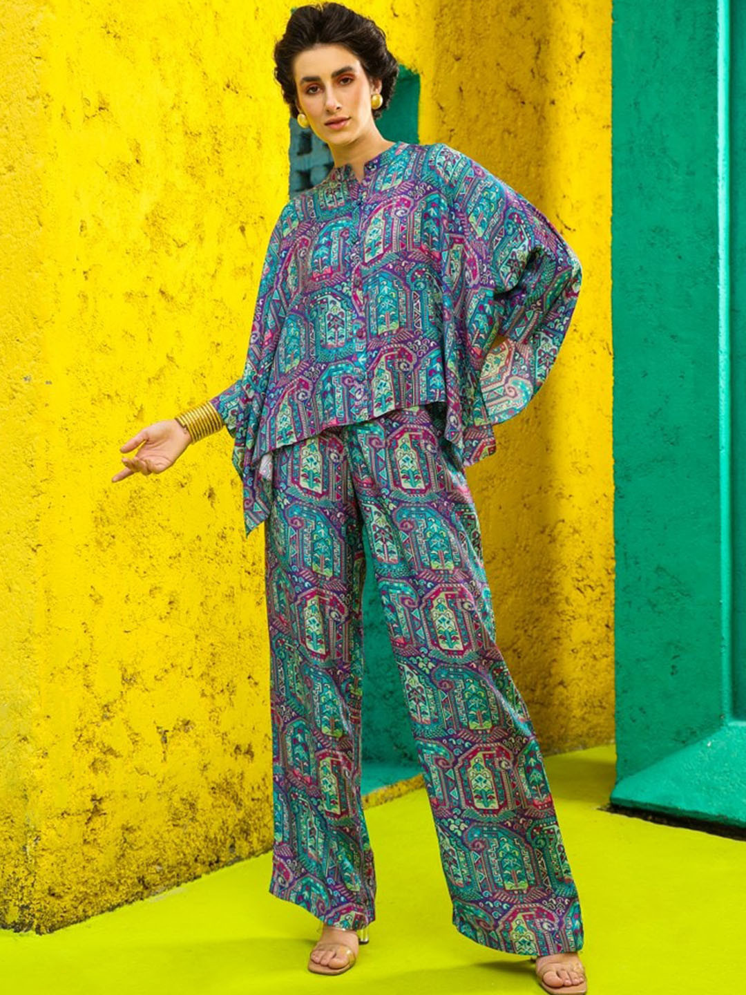 Zolo Label Ethnic Motif Printed Band Collar Extended Sleeve Shirt & Palazzos Co-Ords