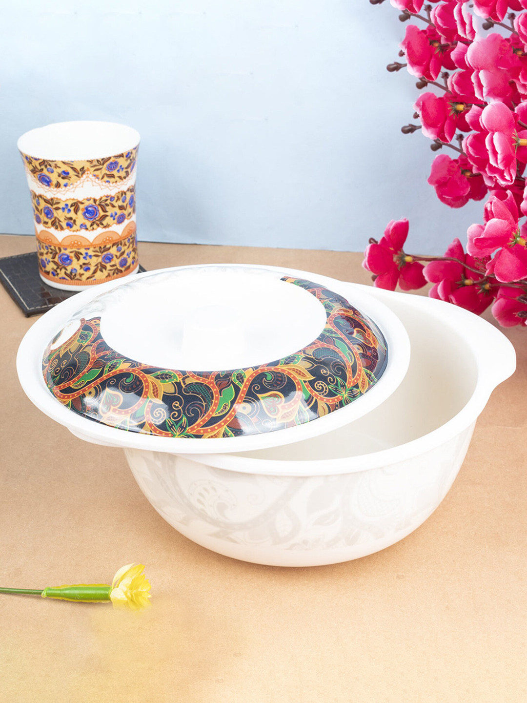 MARKET99 Mustard & White Printed Glossy Finish Dual Glazed Casserole With Lid
