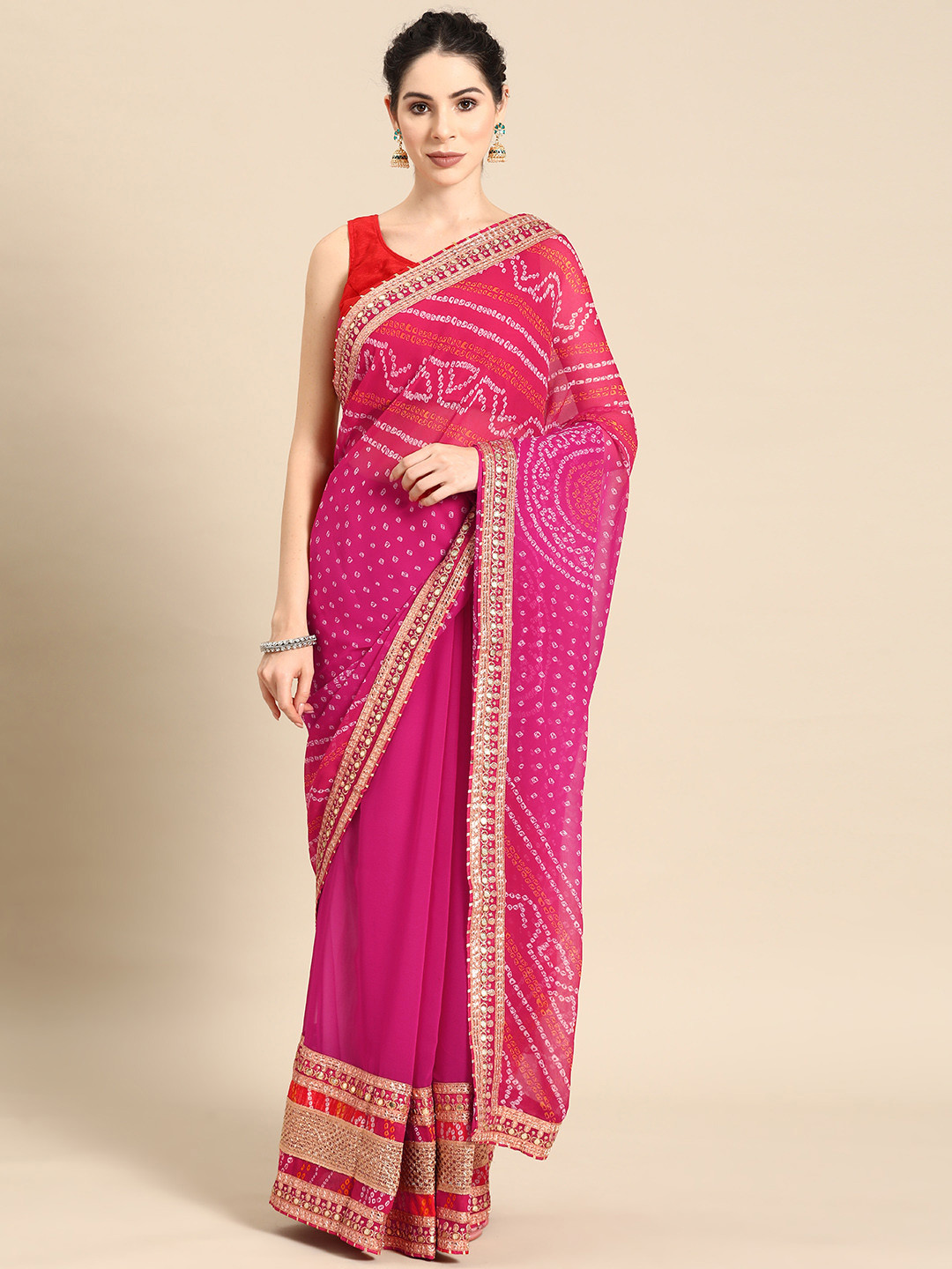 Mitera Pink Bandhani Embroidered Poly Georgette Designer Bandhani Saree