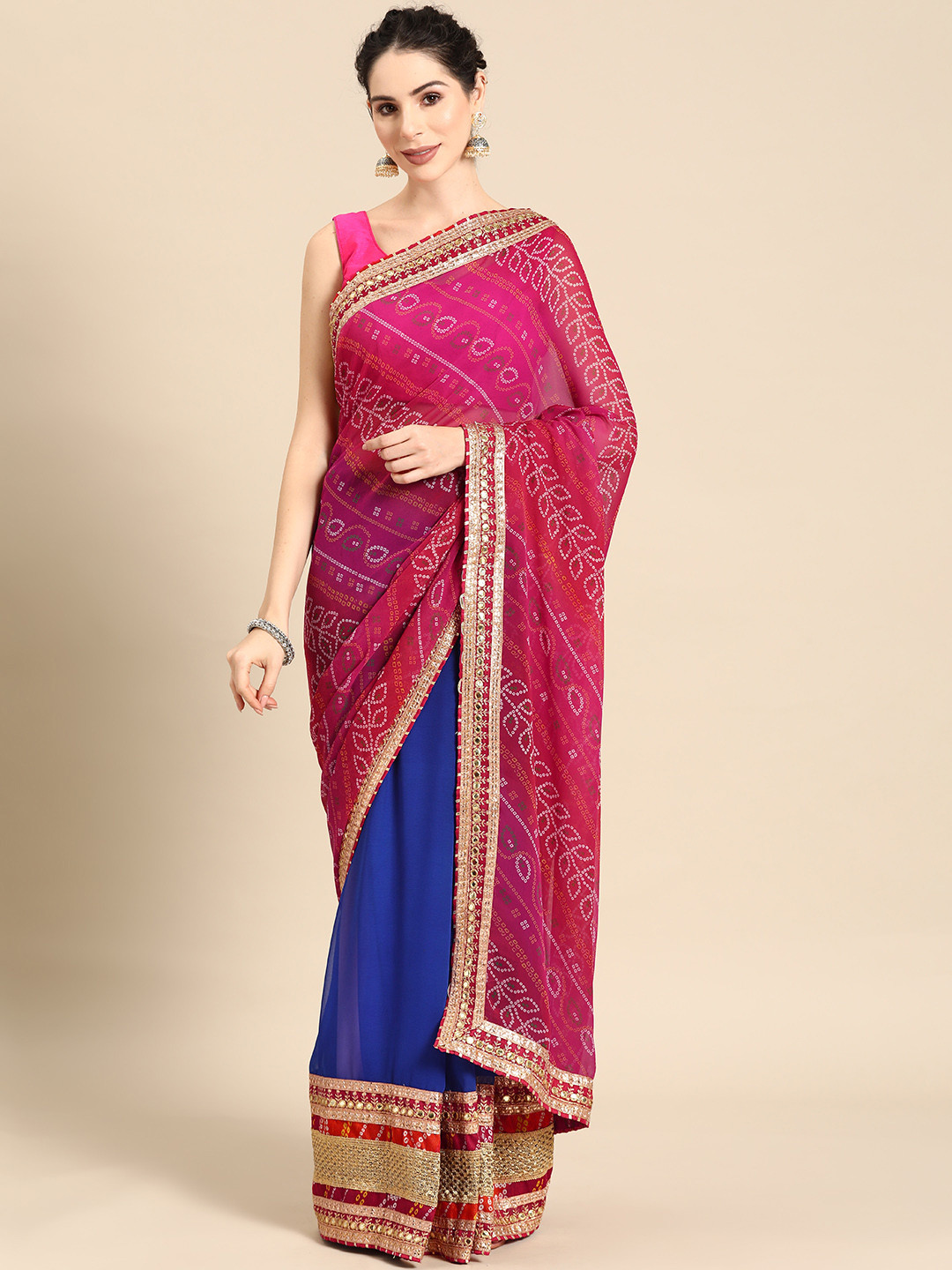 Mitera Blue & Pink Bandhani Embroidered Poly Georgette Designer Bandhani Saree