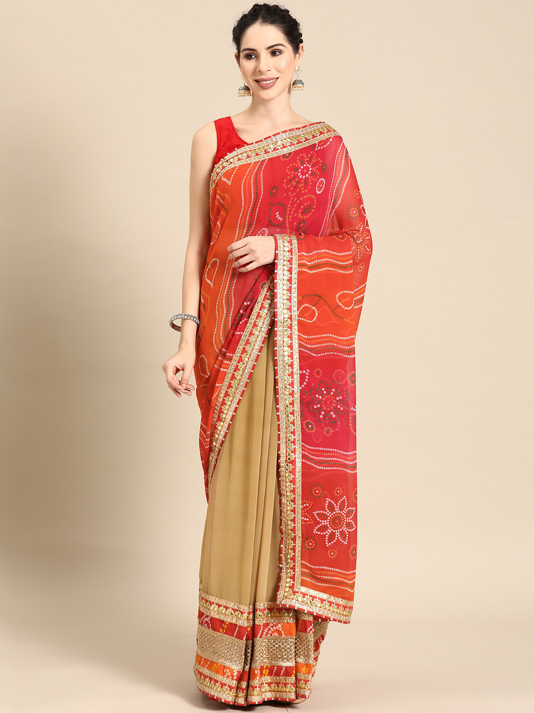 Mitera Beige & Red Bandhani Embroidered Poly Georgette Designer Bandhani Saree