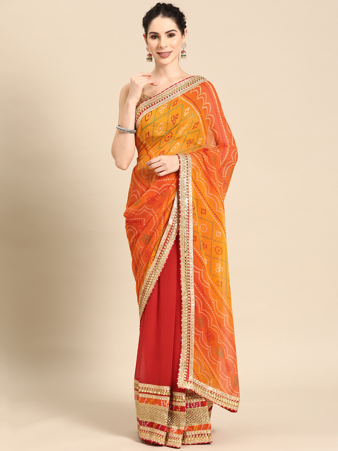 Mitera Red & Orange Bandhani Embroidered Poly Georgette Designer Bandhani Saree