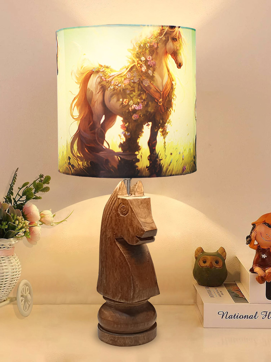 Homesake Green & Brown Rustic Wood Base Fabric Shade Traditional Table Lamp