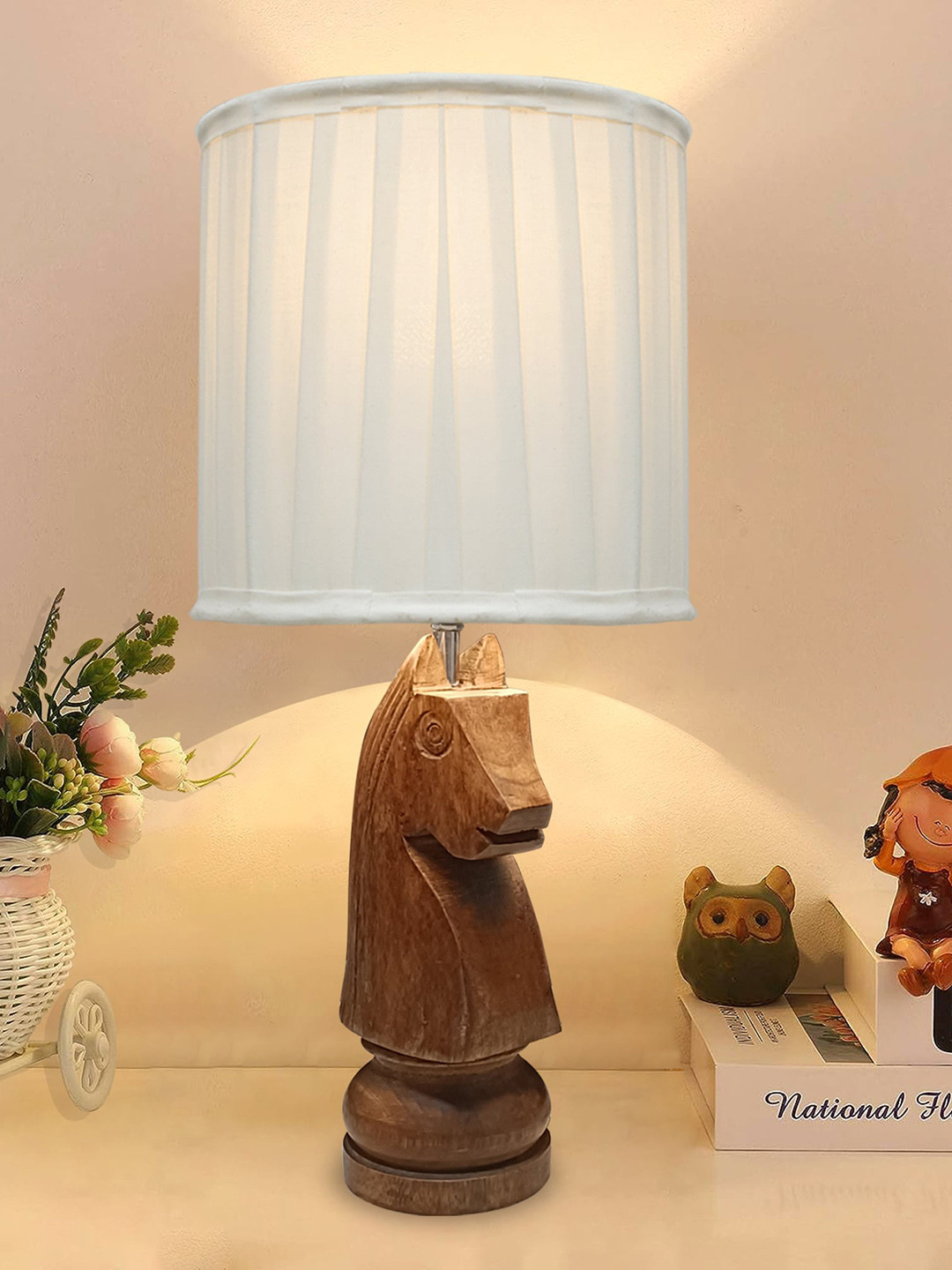 Homesake White & Brown Rustic Wood Base Textured Fabric Shade Traditional Table Lamp