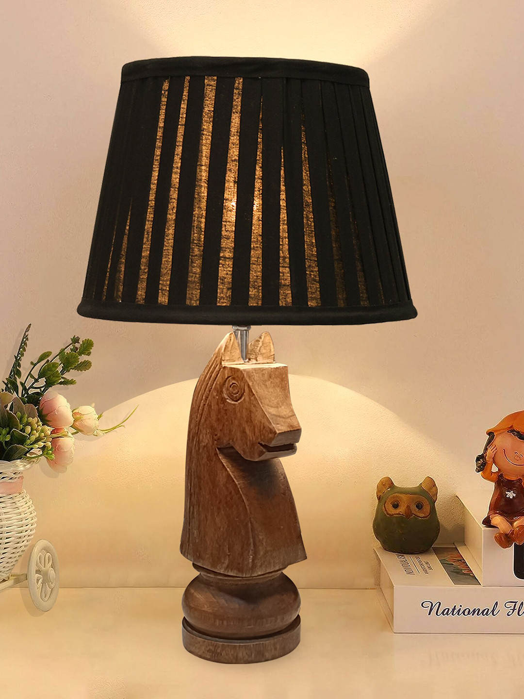 Homesake Black & Brown Rustic Wood Base Textured Fabric Shade Traditional Table Lamp