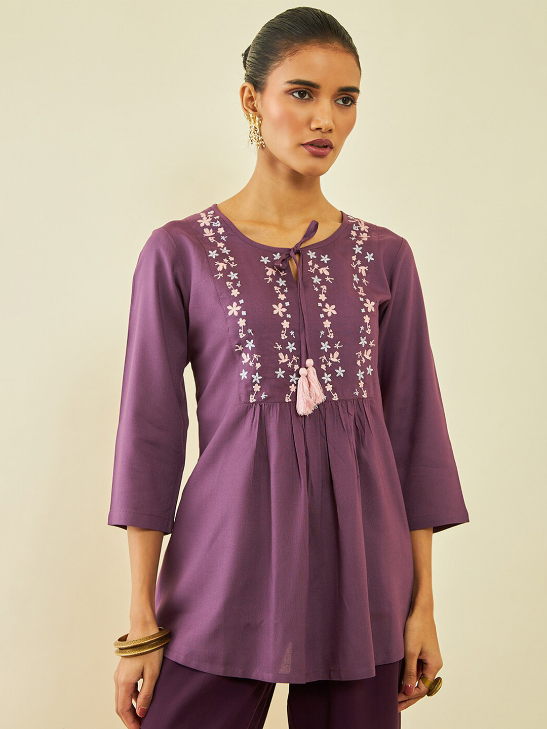 Soch Purple & Yellow Floral Embroidered Tie-Up Neck A-Line Tunic