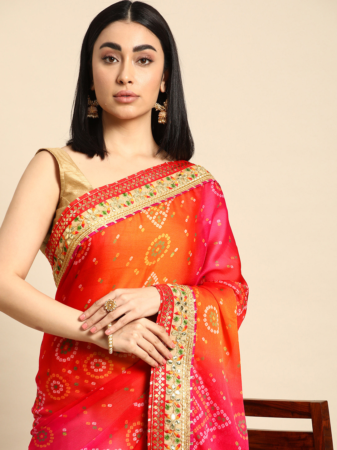 Mitera Gotta Patti Poly Georgette Half and Half Bandhani Saree