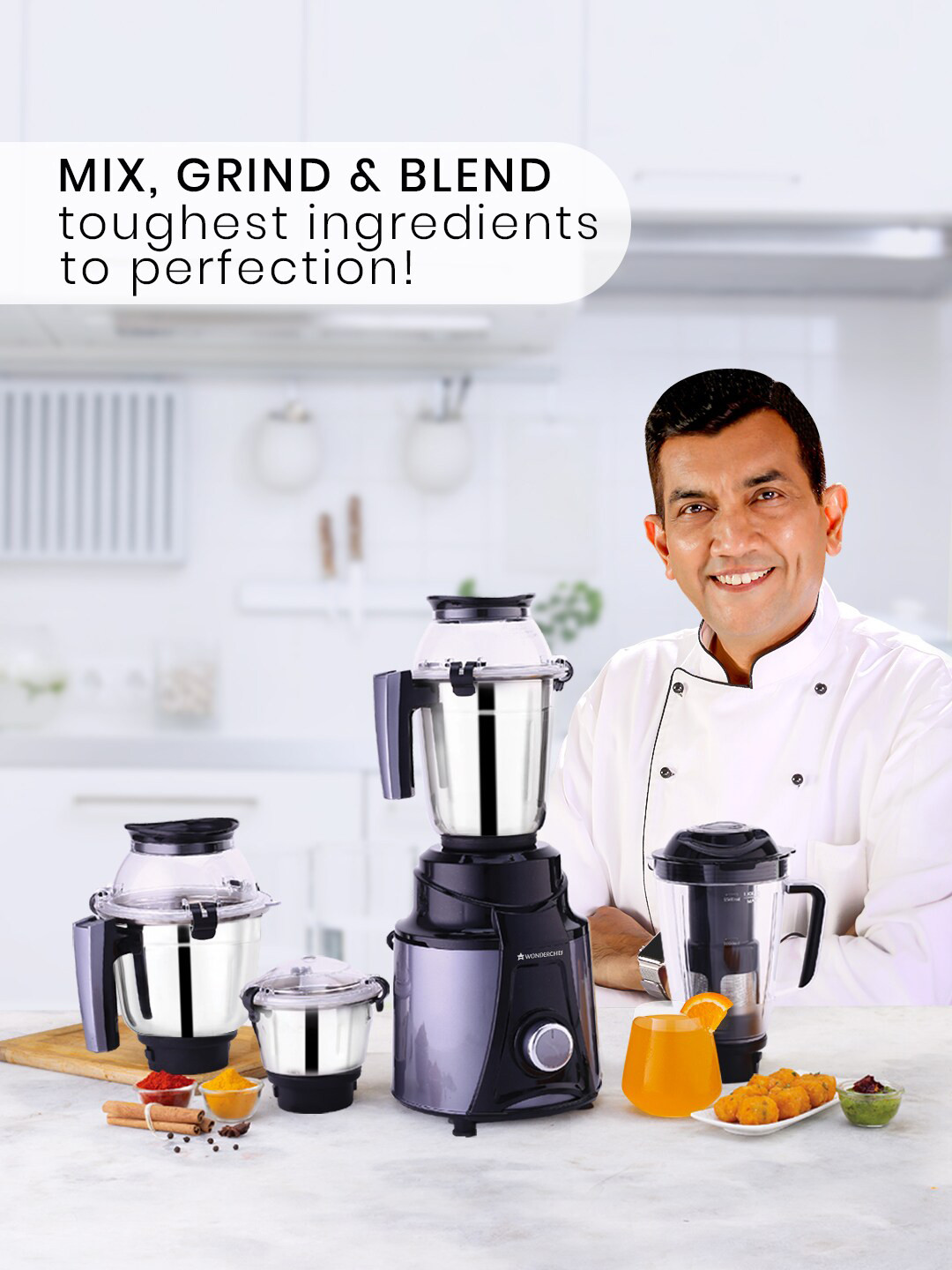 Wonderchef Galaxy Grey Stainless Steel Powerful Copper Motor 4 Jars Wet and Dry Grinder with Juicer-750W